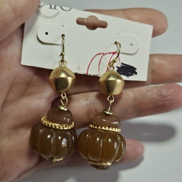 Cato Gold Tone Chunky Tan Beaded Dangling Earrings - Picture 1 of 14